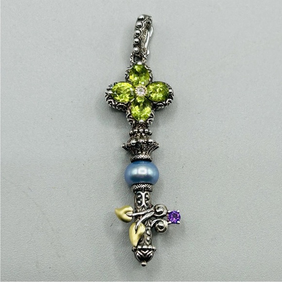 BARBARA BIXBY Sterling Silver with 18k Gold Leaves and Multi-stone Key Pendant - Picture 9 of 14